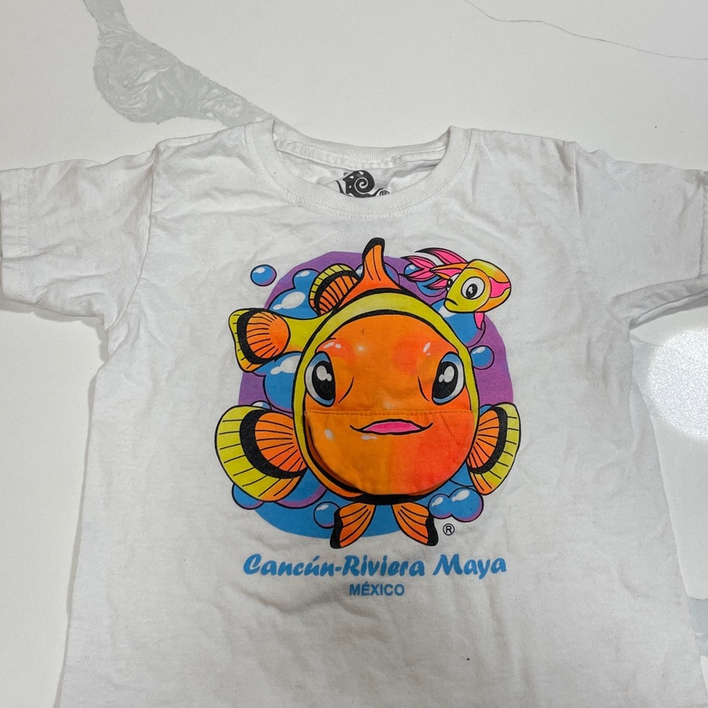 Express White Graphic Tee with Multicolor Fish Design